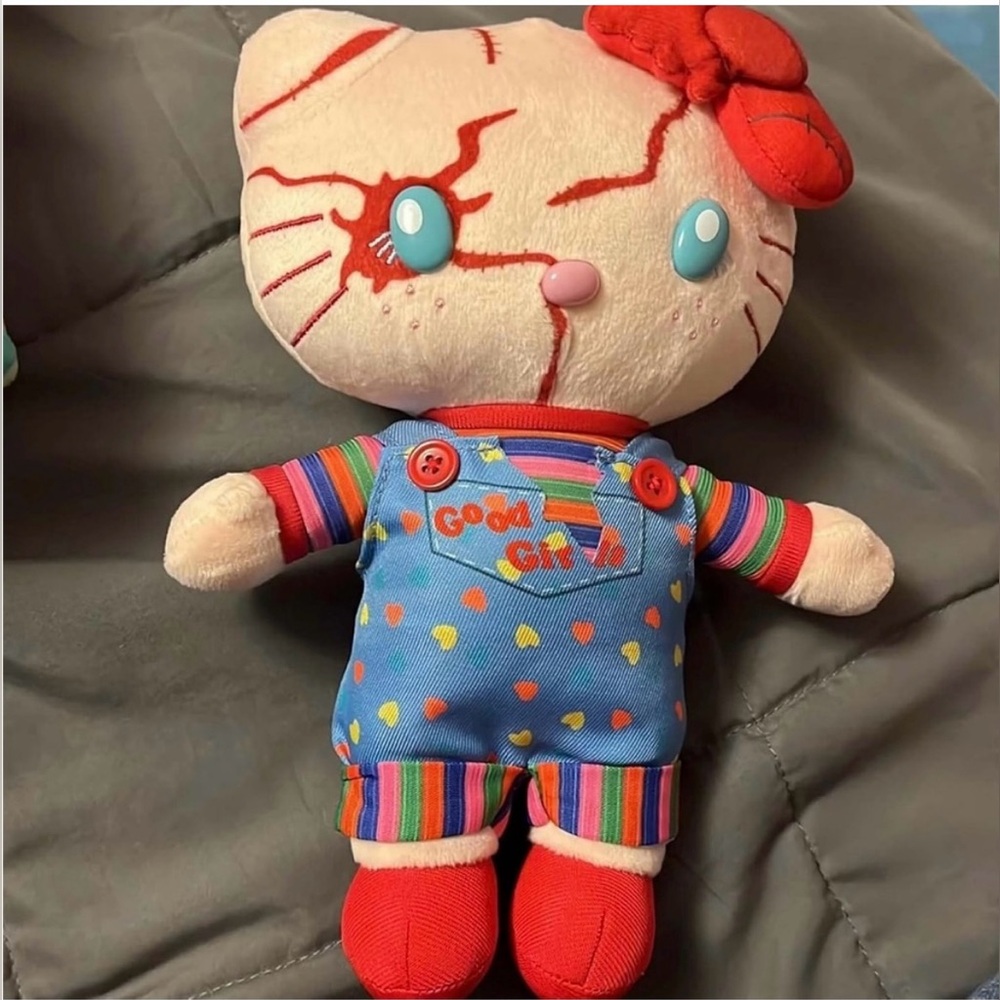 Hello Kitty dressed as Chucky plush with suction hook for window, 9inch height